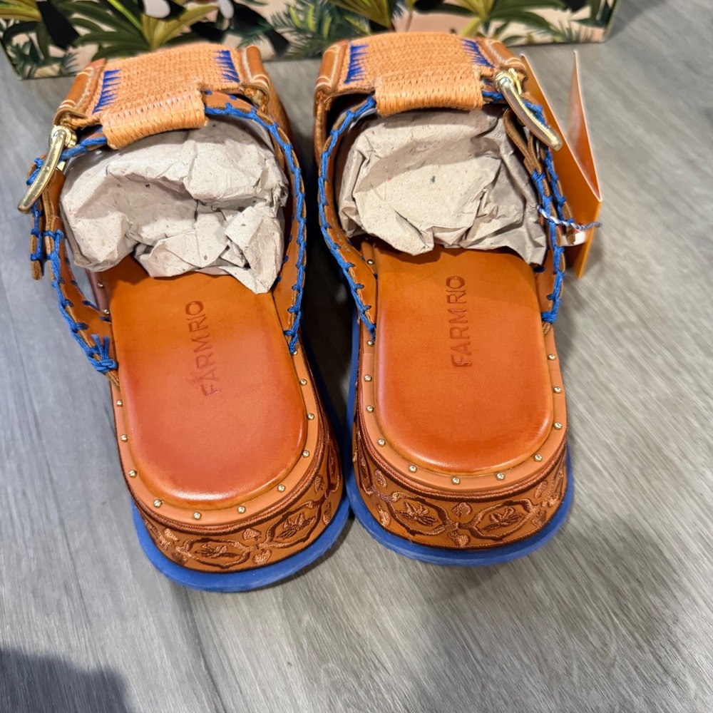Farm Rio Rust Flatform Mule Embroidered Raffia Platform Sandals Brown Blue 6 36 - Picture 5 of 7